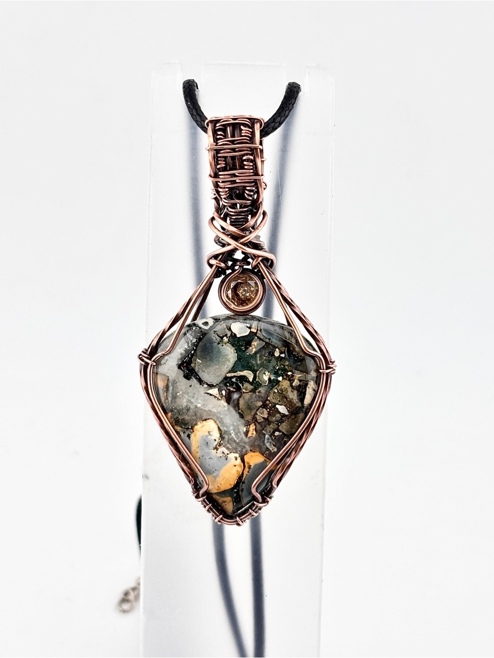 HANDMADE Maligano Jasper Copper Wire Wrapped Mens Pendant Necklace, Masculine